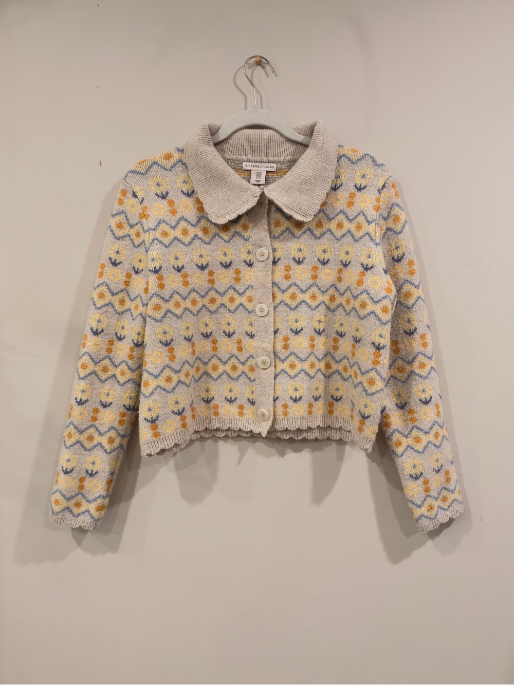 Sincerely Jules Cream Fair Isle Button-Up Knit Jacket with Yellow & Blue Accents